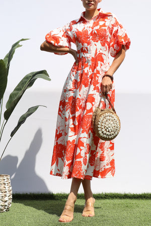 DD8359, FLORAL BUBBLE SLEEVES SHIRT DRESS