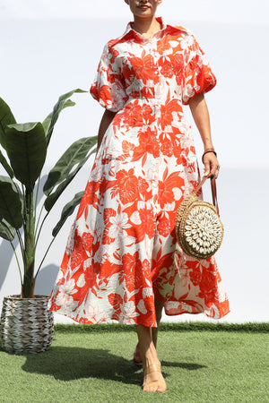 DD8359, FLORAL BUBBLE SLEEVES SHIRT DRESS