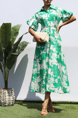 DD8359, FLORAL BUBBLE SLEEVES SHIRT DRESS