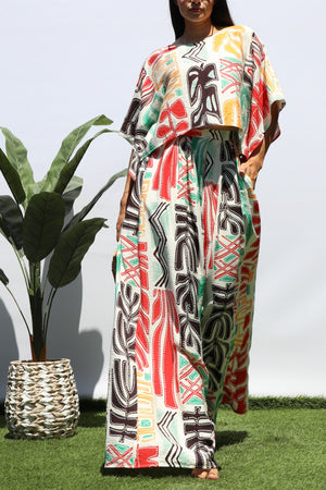 DD8405, PRINTED LOOSE FIT TOP AND FLARE-LEG PANTS SET
