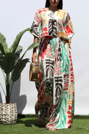 DD8405, PRINTED LOOSE FIT TOP AND FLARE-LEG PANTS SET