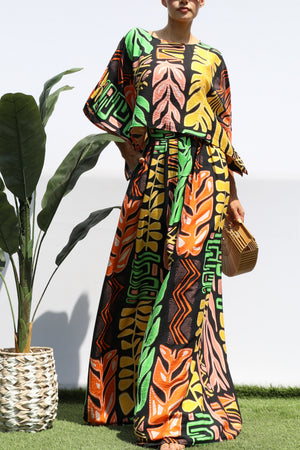 DD8405, PRINTED LOOSE FIT TOP AND FLARE-LEG PANTS SET