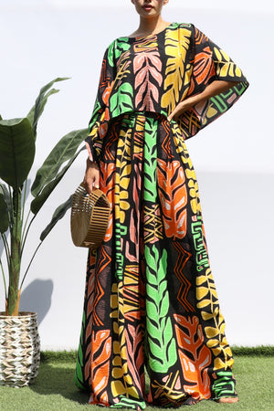 DD8405, PRINTED LOOSE FIT TOP AND FLARE-LEG PANTS SET