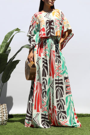 DD8405, PRINTED LOOSE FIT TOP AND FLARE-LEG PANTS SET