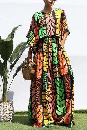 DD8405, PRINTED LOOSE FIT TOP AND FLARE-LEG PANTS SET