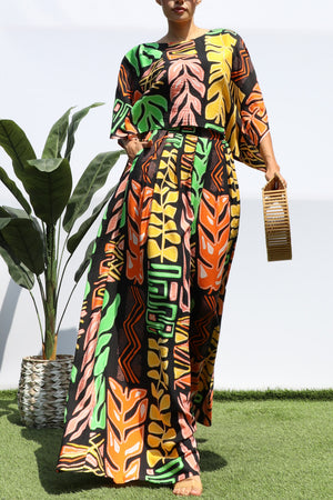 DD8405, PRINTED LOOSE FIT TOP AND FLARE-LEG PANTS SET