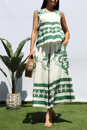 DD8410, PRINTED LOOSE FIT TOP AND FLARE-LEG PANTS SET