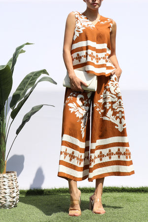 DD8410, PRINTED LOOSE FIT TOP AND FLARE-LEG PANTS SET