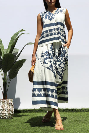 DD8410, PRINTED LOOSE FIT TOP AND FLARE-LEG PANTS SET