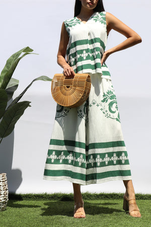 DD8410, PRINTED LOOSE FIT TOP AND FLARE-LEG PANTS SET