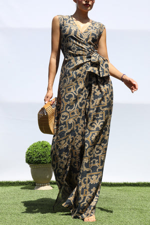DD8400, PRINTED LOOSE FIT WRAP FLARE-LEG JUMPSUIT