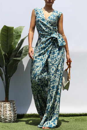 DD8400, PRINTED LOOSE FIT WRAP FLARE-LEG JUMPSUIT