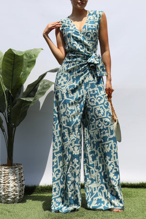 DD8400, PRINTED LOOSE FIT WRAP FLARE-LEG JUMPSUIT
