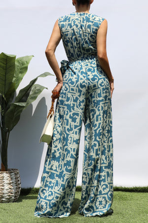 DD8400, PRINTED LOOSE FIT WRAP FLARE-LEG JUMPSUIT