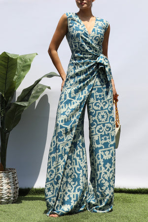 DD8400, PRINTED LOOSE FIT WRAP FLARE-LEG JUMPSUIT
