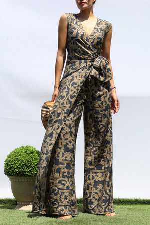 DD8400, PRINTED LOOSE FIT WRAP FLARE-LEG JUMPSUIT