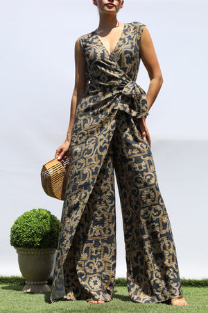 DD8400, PRINTED LOOSE FIT WRAP FLARE-LEG JUMPSUIT