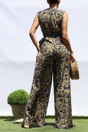 DD8400, PRINTED LOOSE FIT WRAP FLARE-LEG JUMPSUIT