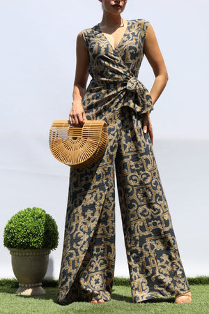 DD8400, PRINTED LOOSE FIT WRAP FLARE-LEG JUMPSUIT