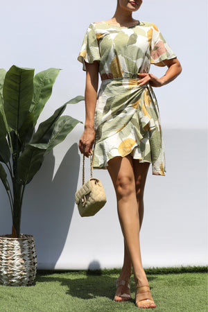DD8422, LEAF WRAP MINI DRESS