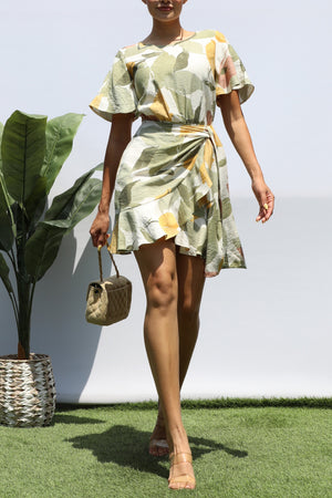 DD8422, LEAF WRAP MINI DRESS