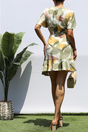 DD8422, LEAF WRAP MINI DRESS