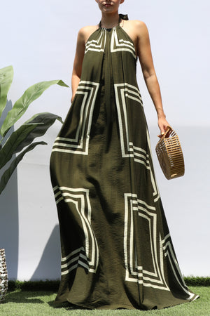 DD8418, PRINTED HALTER NECK MAXI DRESS