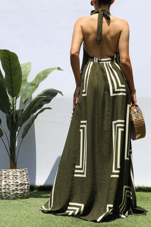 DD8418, PRINTED HALTER NECK MAXI DRESS
