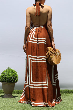 DD8418, PRINTED HALTER NECK MAXI DRESS
