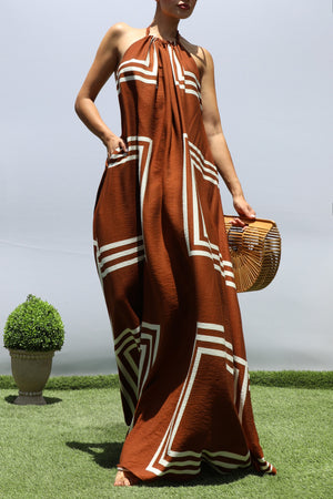 DD8418, PRINTED HALTER NECK MAXI DRESS
