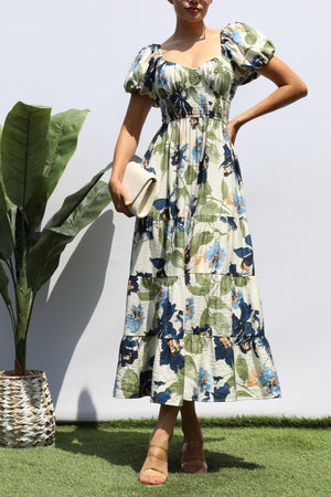 DD8356, PRINTED SMOCK WAIST TIERED MIDI DRESS