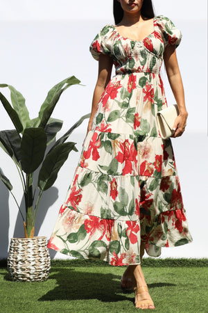 DD8356, PRINTED SMOCK WAIST TIERED MIDI DRESS
