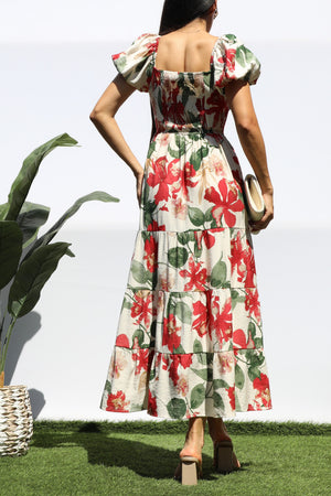 DD8356, PRINTED SMOCK WAIST TIERED MIDI DRESS