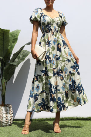 DD8356, PRINTED SMOCK WAIST TIERED MIDI DRESS