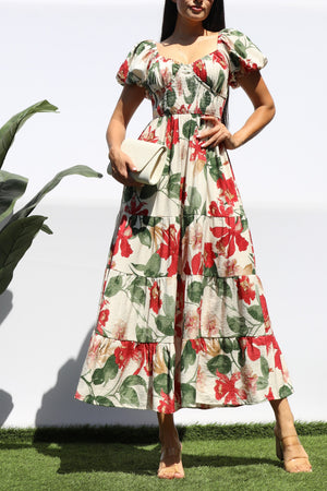 DD8356, PRINTED SMOCK WAIST TIERED MIDI DRESS