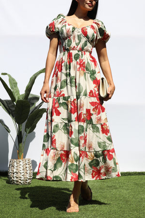 DD8356, PRINTED SMOCK WAIST TIERED MIDI DRESS
