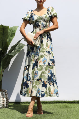DD8356, PRINTED SMOCK WAIST TIERED MIDI DRESS