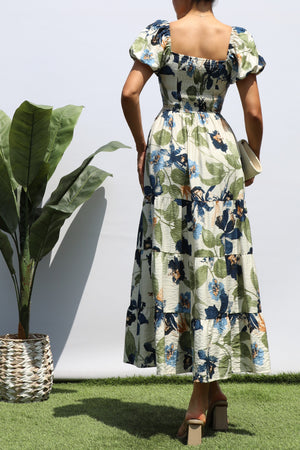 DD8356, PRINTED SMOCK WAIST TIERED MIDI DRESS