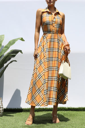 DD8358, PLAID BUTTON DOWN MIDI DRESS