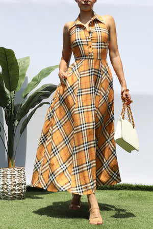 DD8358, PLAID BUTTON DOWN MIDI DRESS