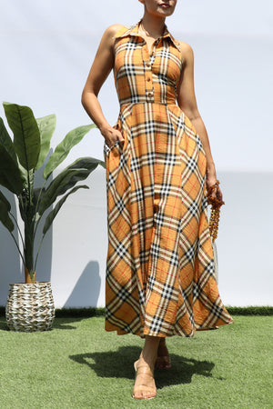 DD8358, PLAID BUTTON DOWN MIDI DRESS