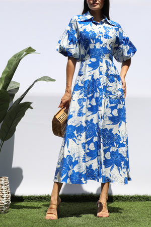 DD8359, FLORAL BUBBLE SLEEVES SHIRT DRESS
