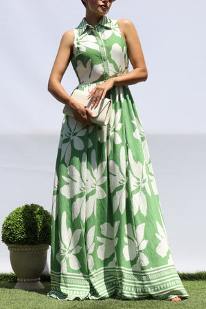 DD8412, PRINTED BUTTON DOWN SHIRT MAXI DRESS