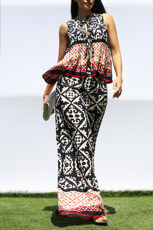 DD8396, PRINTED RIBBON TIE TOP AND PANTS SET