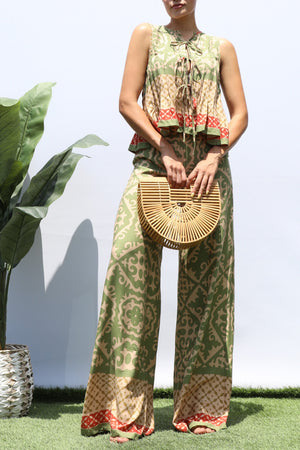 DD8396, PRINTED RIBBON TIE TOP AND PANTS SET