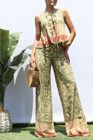 DD8396, PRINTED RIBBON TIE TOP AND PANTS SET