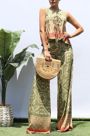 DD8396, PRINTED RIBBON TIE TOP AND PANTS SET