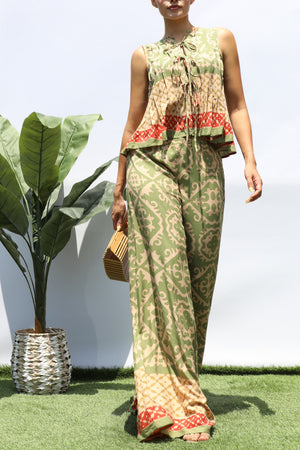 DD8396, PRINTED RIBBON TIE TOP AND PANTS SET