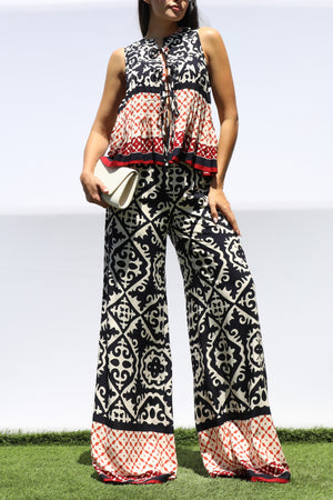 DD8396, PRINTED RIBBON TIE TOP AND PANTS SET