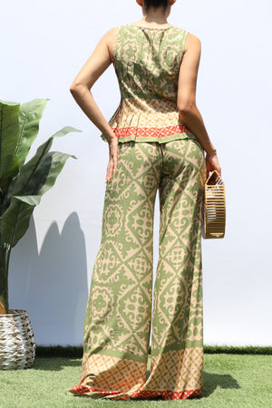 DD8396, PRINTED RIBBON TIE TOP AND PANTS SET